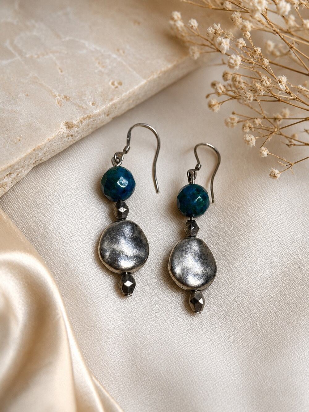 Sterling Silver 925 Silver Teal Blue Beaded Dangle Drop Earrings Artisan